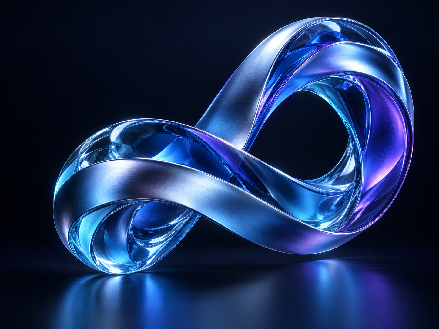 Sculptural glass and metallic ribbon in electric blue, cyan, and violet
