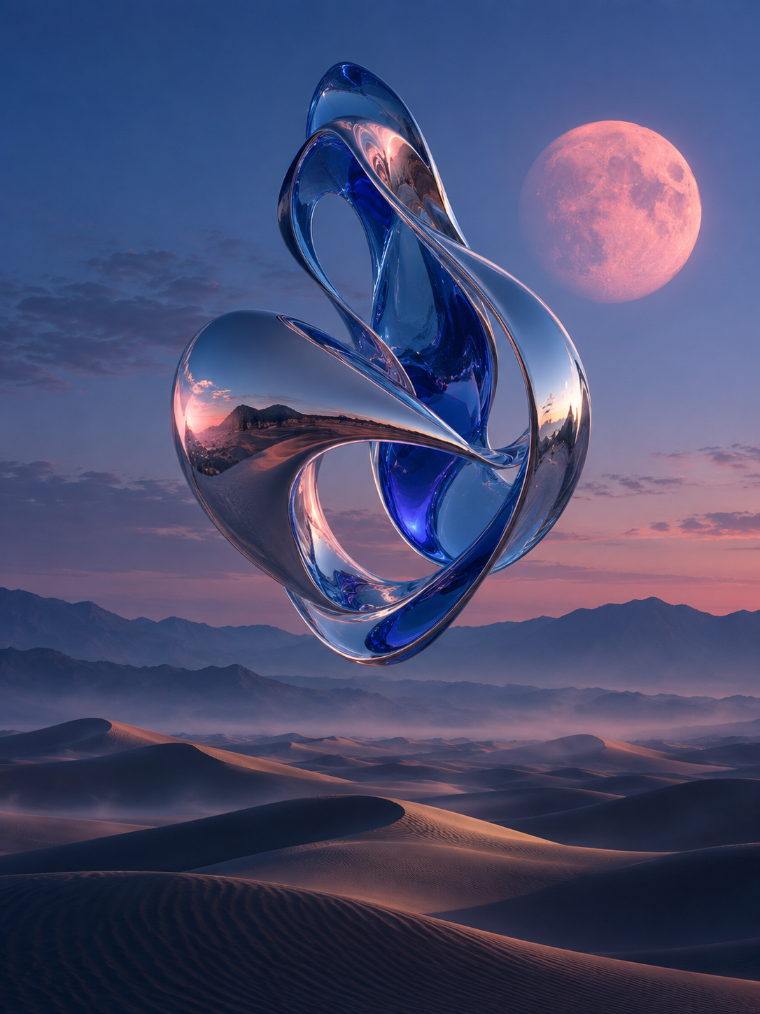 AI-generated creative concept: a floating chrome sculpture above dunes under a pink moon