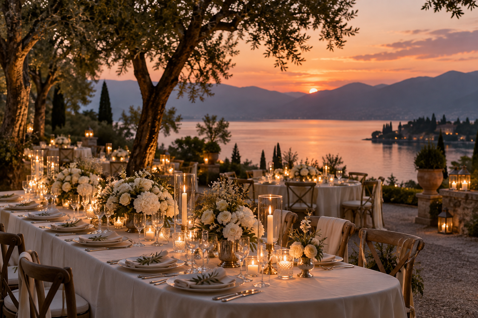 Wedding inspiration: candlelit tables and white flowers beside a lake at sunset